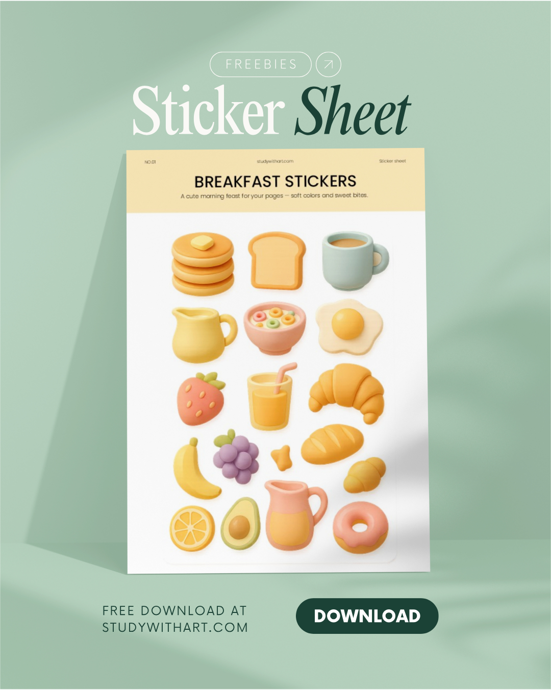 Plancha de stickers decorativos para imprimir gratis 2025 | Inspirados en desayuno | Descarga en PDF