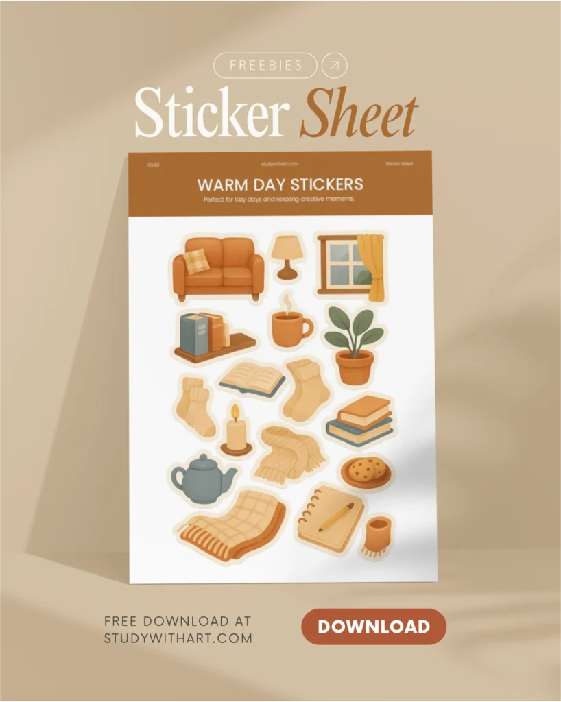 portada de blog: Plancha de stickers para imprimir gratis. “Warm Day Stickers”: Descarga gratis estos stickers cozy para tardes frías y creativas